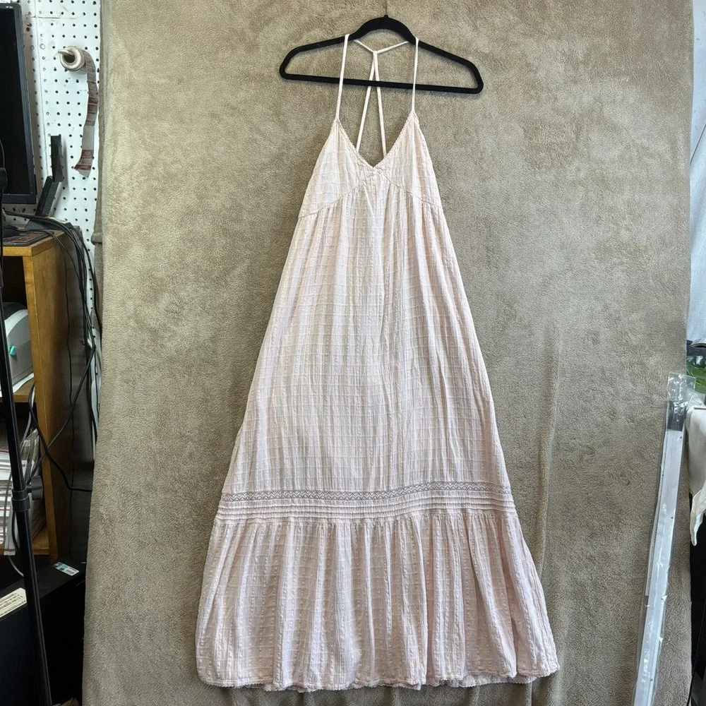 Aerie Sz M Pink Maxi Dress Babydoll‎ Halter Gauze Cotton Tiered EUC